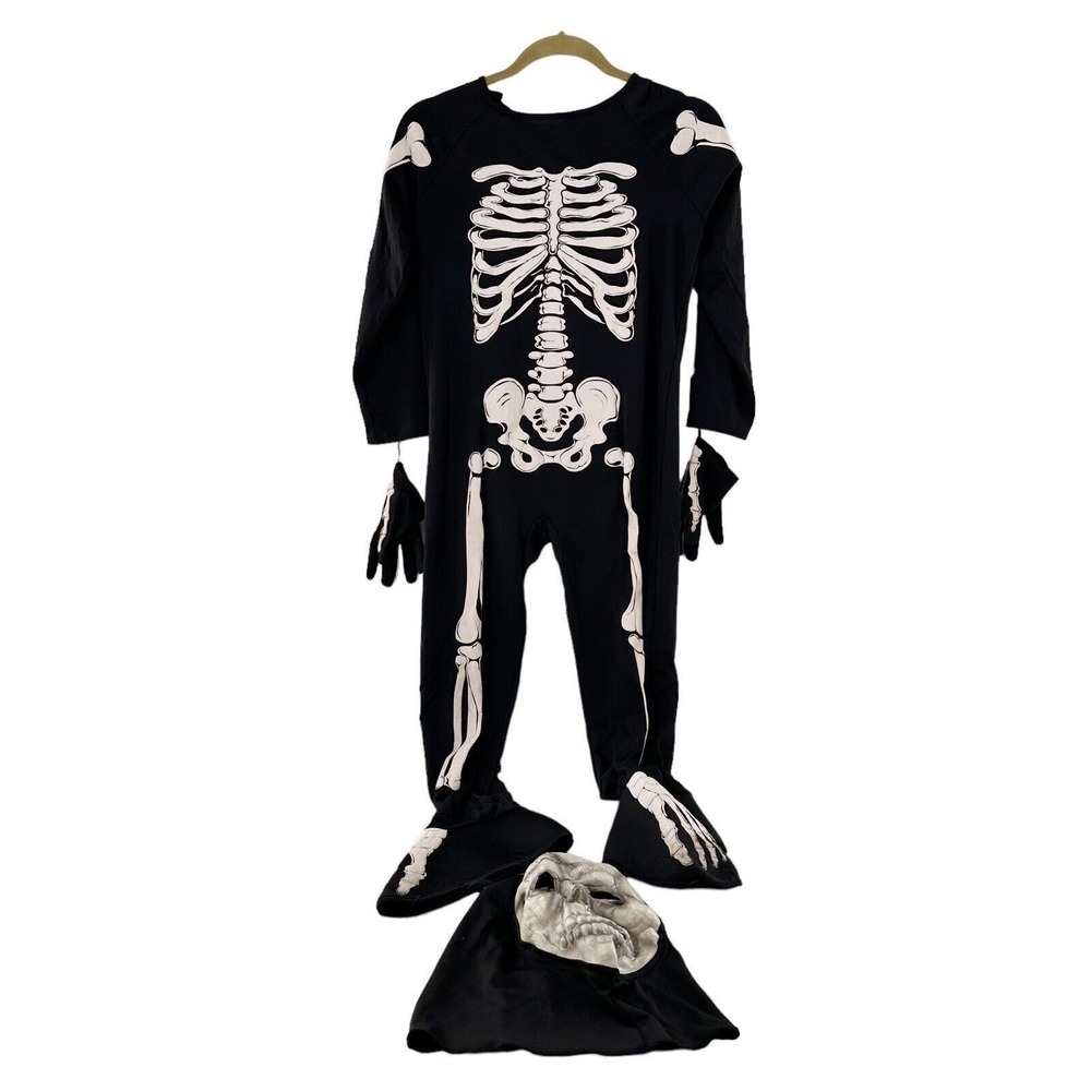 Hallow's Eve Skeleton Costume Kids Size S 8 Jumpsuit Mask Gloves Halloween Black